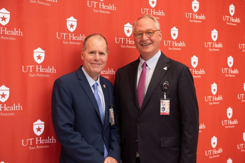 Acting President Robert Hromas, MD, FACP (left) with UTSA President Taylor Eighmy, PhD.